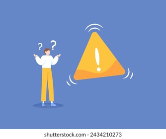 notification if an error has occurred. confused about how to resolve the error. a man was confused because a warning sign appeared. questions and problems. danger sign. flat style illustration concept