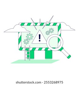 Notification error message. 404 error landing page design. Online service notification concept. System error, broken page.  Flat vector illustration