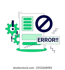 Notification error message. 404 error landing page design. Online service notification concept. System error, broken page.  Flat vector illustration