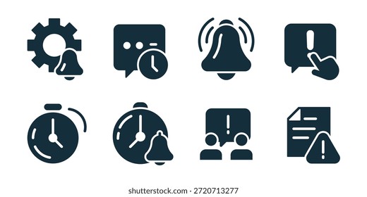 Colección excelente del icono de la notificación. Alerta de campana, advertencia de mensaje, notificación del sistema, recordatorio de chat, alerta de tiempo, advertencia de comentario, aviso de usuario, alerta de documento