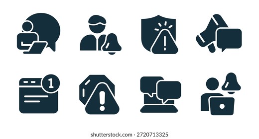 Colección excelente del icono de la notificación. Anillo de campana, reloj recordatorio, alerta de mensaje, chat de advertencia, panel de notificación, aviso del sistema, atención del usuario, burbuja de alerta