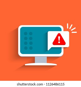 Notification with exclamation sign on the computer screen. Vector illustration in flat style.