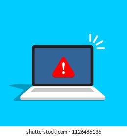 Notification with exclamation sign on the laptop screen. Vector illustration in flat style.