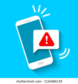 Notification with exclamation sign on the smartphone screen. Vector illustration in flat style.