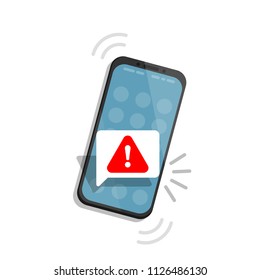Notification with exclamation sign on the smartphone screen. Vector illustration in flat style.