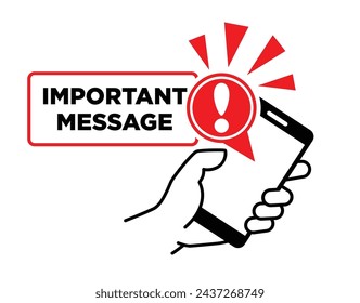 Notification with exclamation sign on the smartphone screen. Important message or reminder. Vector on transparent background