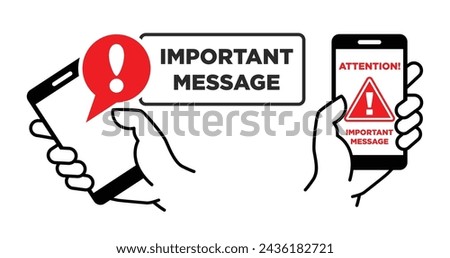 Notification with exclamation sign on the smartphone screen. Important message or reminder. Vector on transparent background