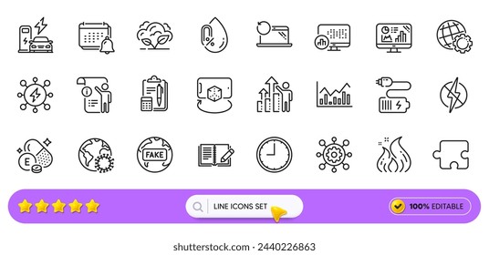 Iconos de línea de estadísticas de notificación, comentarios e informes para la aplicación web. Paquete de gas de Co2, rompecabezas, iconos de pictogramas de documentos manuales. Framework, ordenador portátil de recuperación, señales de tiempo. Infochart, Energía, Batería. Vector