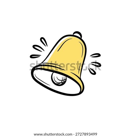 Notification Hand drawn Doodle icon of ringing bell. Vector alert or reminder symbol.