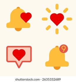 Notification and heart icons in flat style showing love alerts and engagement messages with bold colors
