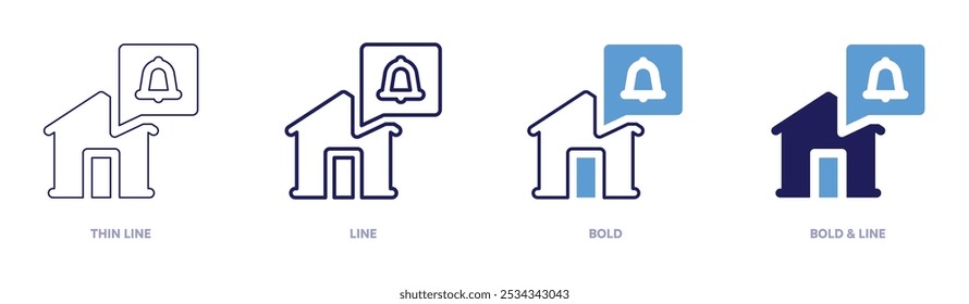 Icono de inicio de notificación en 4 estilos diferentes. Línea delgada, línea, negrita y línea negrita. Estilo duotono. Trazo editable.