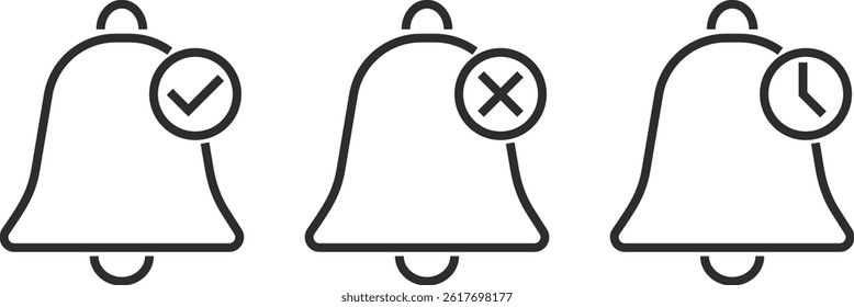 notification icon with check mark, cross mark icon. bell icon for notifications or alerts. reminder alert sign. Alarm symbol
