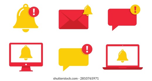 Notification icon collection featuring alerts, email messages, reminder bells, warning badges, chat updates, desktop notifications, and mobile communication interface design resources.