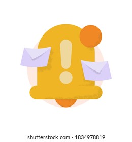 Concepto de icono de notificación, alarma y recordatorio. ilustración de una campana, sobre o letra, signo de exclamación. mensaje o correo electrónico nuevo. estilo plano con un efecto de textura de ruido o grano. elementos de diseño