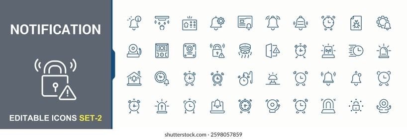 Notification icon. It contains symbols to timer, alarm, clock, fire alarm, watch and more. Alarm icons set in linear style. Web icons. Minimalist icon collections.