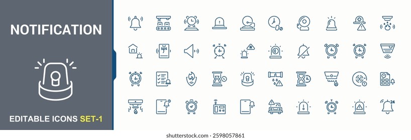Notification icon. It contains symbols to timer, alarm, clock, fire alarm, watch and more. Alarm icons set in linear style. Web icons. Minimalist icon collections.