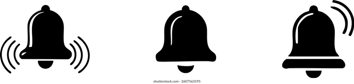 Notification icon | The image shows three bell icons arranged in a row. These are simple black silhouette designs of bells with different notification or ringing states