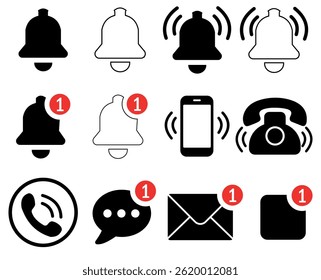 Conjunto de iconos de notificación, alerta, campana, mensaje e iconos de insignia de llamada