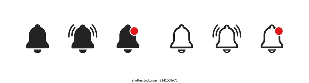 Juego de iconos de notificación. Símbolos vectoriales de alerta. Simple señal de timbre. Iconos rellenos y de línea. EPS10 