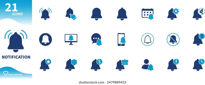 Notification icon. Set of bell icons, important notifications, notification settings, security notifications