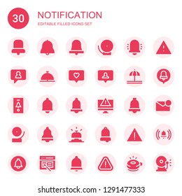notification icon set. Collection of 30 filled notification icons included Bell, Notification, Alert, Alarm bell, Interface, Ringer, Ring bell