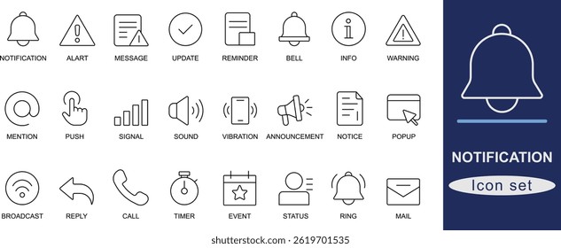 Notification icon set. Featuring alert, message, update, reminder, push, popup, sound, call, announcement, signal, warning, bell, event, mail, and timer.