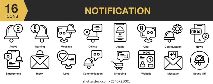 BenachrichtigungssymbolSet. Beinhaltet Posteingang, Nachricht, Nachrichten, Einkäufe, Sound-off, Warnung und mehr. Gliederungssymbole, Vektorsammlung.