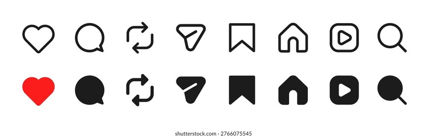 Notification icon set including symbols of home, like, comment, search, repost, reply, share and save, social network post reactions