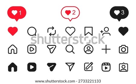 Notification icon set including symbols of home, like, comment, search, user, repost, red speech bubble, share and save