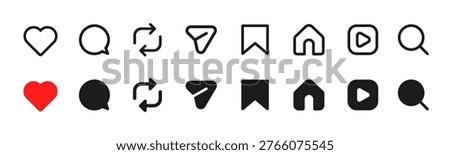 Notification icon set including symbols of home, like, comment, search, repost, reply, share and save, social network post reactions