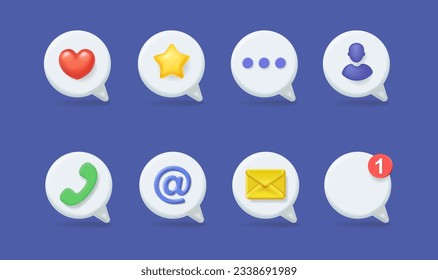 Notification icon set. white speech bubble with new e-mail, new message, new call, friend, follower icon. Social media chat notify communication. Vector 3d