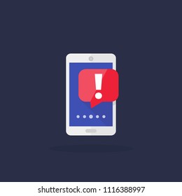 notification icon with smartphone and warning symbol, vector