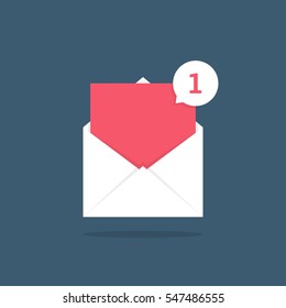 Notification Icon Speech Bubble In Open Letter. Concept Of Ui, Red Empty Space, Mailbox, Check List, Writing, Incoming, Send Data File. Flat Style Trend Modern Logotype Graphic Design On Background