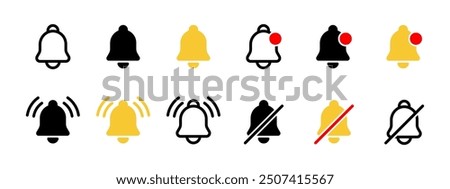 Notification icon status collection. Notification bell icon set. Reminder signal vector illustration. Turn off notice sound pictogram. Ringing bell symbol. Alarm icon for web or app interface isolated