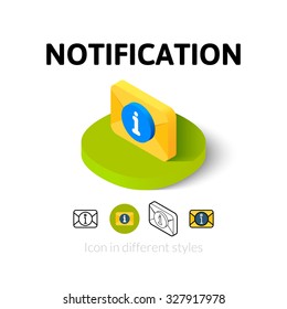Notification icon, vector symbol in flat, outline and isometric style