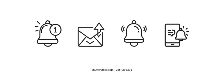 Ícones de notificação para e-mail e alertas móveis Ícones simples e modernos de arte de linha que representam notificações de e-mail, uma notificação de campainha e um alerta de telefone celular.