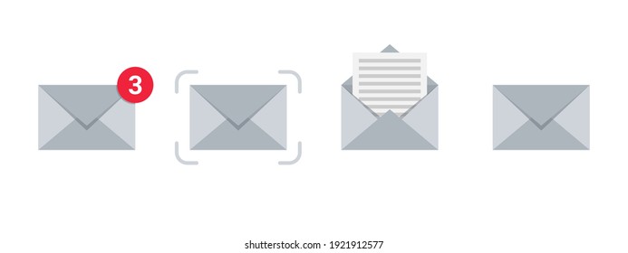Iconos de notificación. Iconos de mensajes configurados. Iconos de correo electrónico. Iconos de sobres. Estilo plano. Ilustración del vector