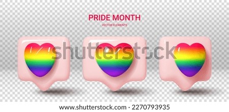 Notification icons with rainbow hearts. 3d set of notification icons with hearts for social media isolated on checkered background. 3d elements for decoration of LGBTQ events. Vector illustration.