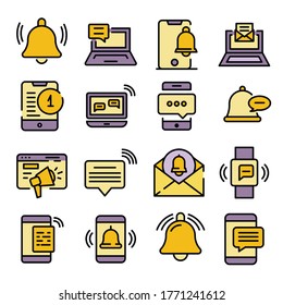 Notification icons set. Outline set of notification vector icons thin line color flat on white