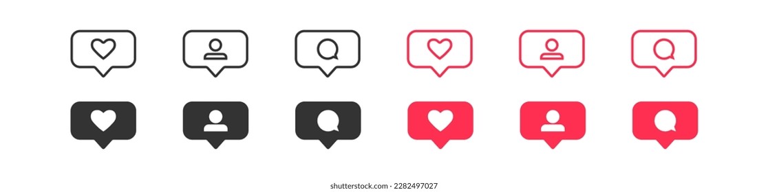 Notification icons in speech bubble. Black and red button: like, comment and follower sing. Social media isolated vector button