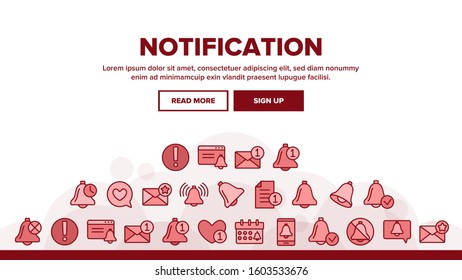 Notification Landing Web Page Header Banner Template Vector. Ring Bell And Mail Message, Document File And Calendar Notification Illustration