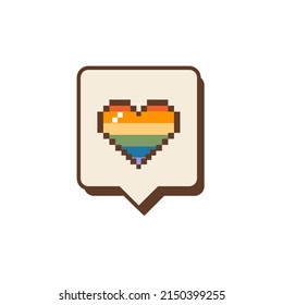 Notification Like icon with rainbow flag colored heart shape. Social media or app icon with LGBTQ symbol. Gay pride old computer 8 bit design. Vector illustration isolated on white background.