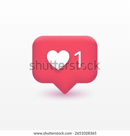 Notification like red color sign with shadow. 3D illustration bubble love heart. Web heart, symbol, app, ui. Social media concept. Vector 
