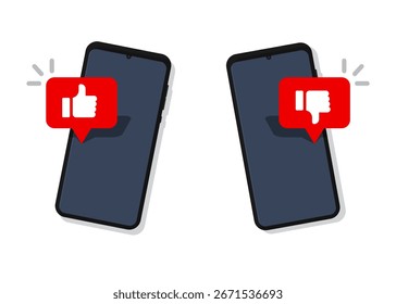 Notificação de ícones curtidos e não curtidos na tela do smartphone. Ilustração de estoque