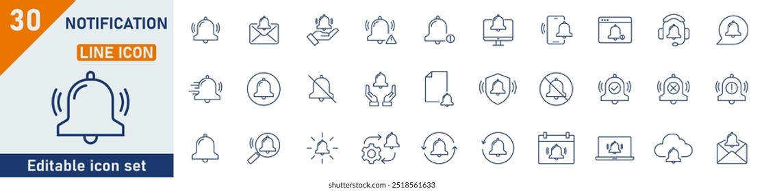 Conjunto de iconos de línea de notificación. Conjunto de 30 iconos de contorno relacionados con campanas, sonido, mensaje, notificación y otros. Ilustración vectorial.