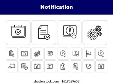 Notification line icon set. Calendar, bell, clock, watch. Time management concept. Can be used for topics like alarm clock, deadline, planning, schedule