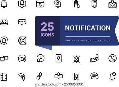 Notification line icon set. Contains such icons as mute, notice, notification bell and more. Pixel perfect, minimalistic web and UI icon. Outline icon collections.