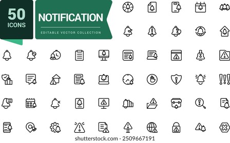 Conjunto de iconos de línea de notificación. Contiene iconos como silencio, aviso, campana de notificación y más. Pixel perfecto, Web minimalista e icono de interfaz de usuario. Colecciones de iconos de esquema.