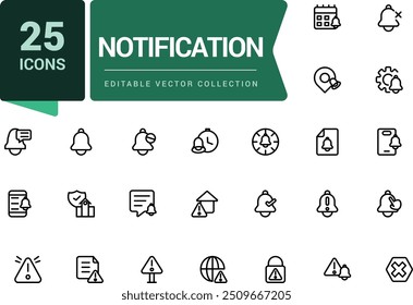 Conjunto de iconos de línea de notificación. Contiene iconos como silencio, aviso, campana de notificación y más. Pixel perfecto, Web minimalista e icono de interfaz de usuario. Colecciones de iconos de esquema.