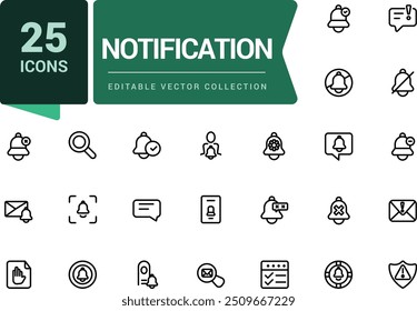 Notification line icon set. Contains such icons as mute, notice, notification bell and more. Pixel perfect, minimalistic web and UI icon. Outline icon collections.